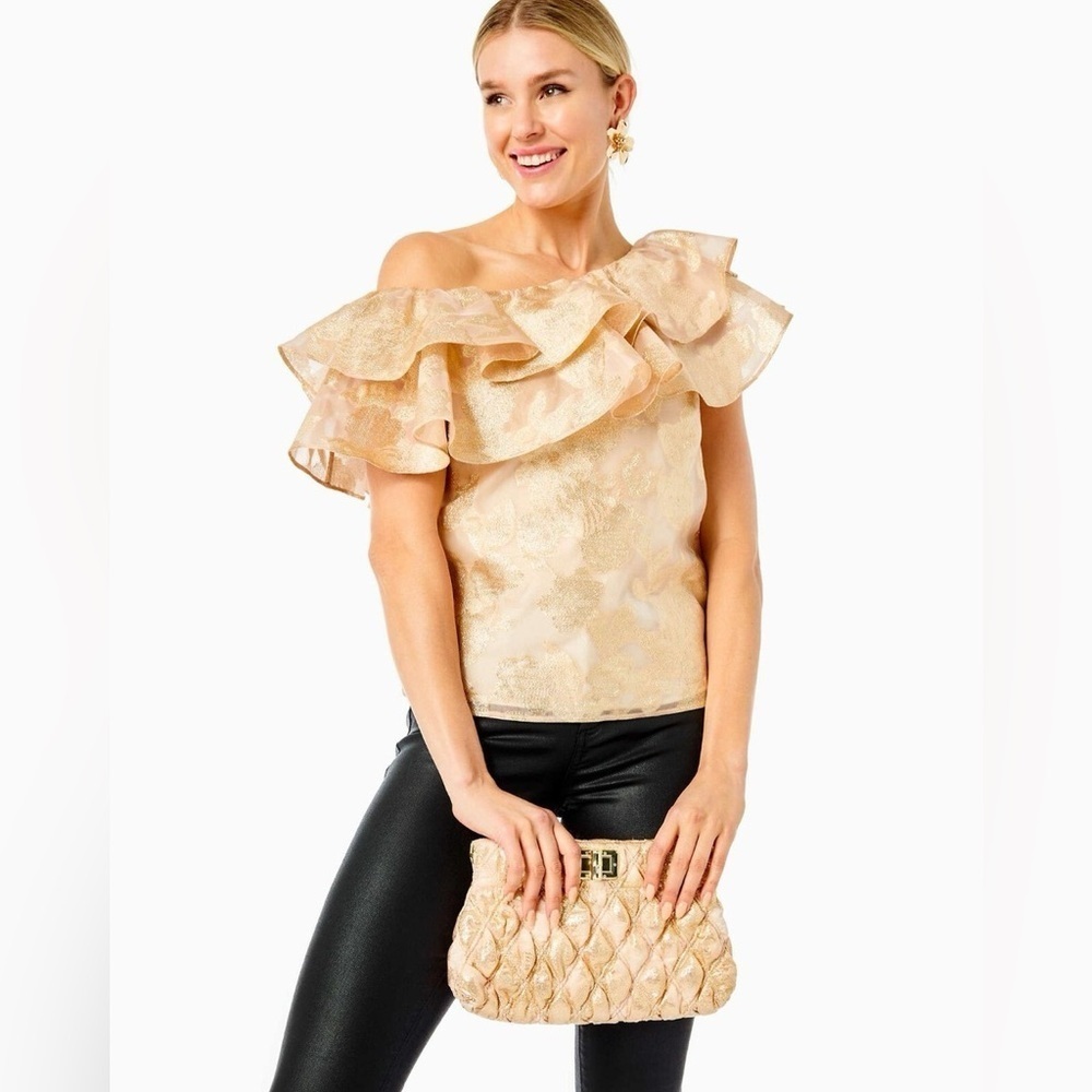 Lilly Pulitzer Gold Ruffle Off-Shoulder Top